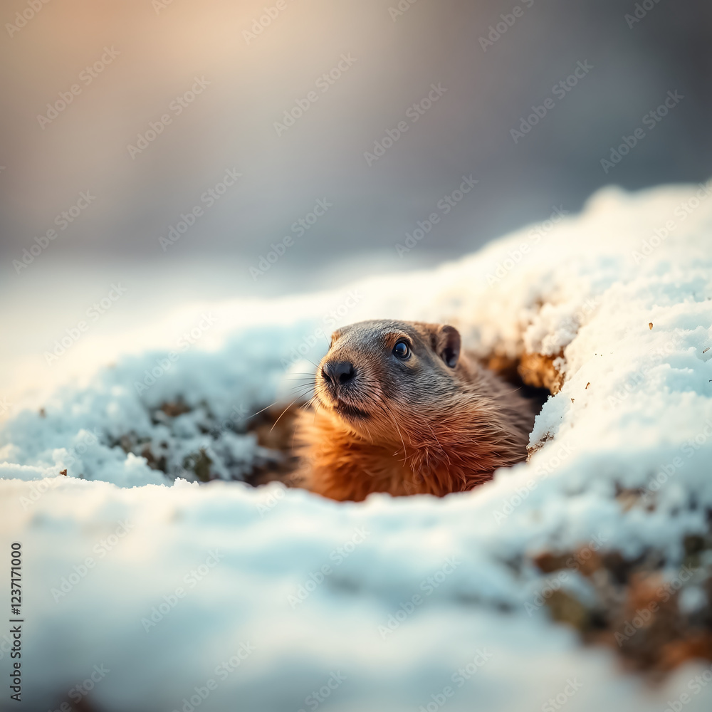 Obraz premium Macro image of a groundhog peeking out of a snowy burrow.