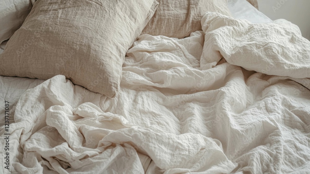 Obraz premium Soft Beige Linen Bedding with Pillows on Cozy Bedspread