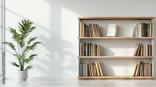 Modern Minimalist Bookshelf with Indoor Plant in Bright Room