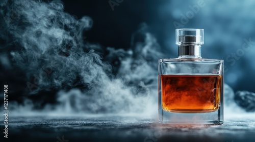 A refined whiskey bottle graces a dark setting, surrounded by billowing smoke and rich, atmospheric lighting that embodies elegance and timeless sophistication. photo