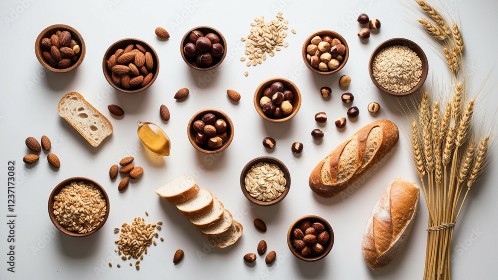 Healthy Plate with Nuts, Grains, and Bread on a Gray Background Healthy Plate with Nuts, Grains, and Bread on a Gray Background