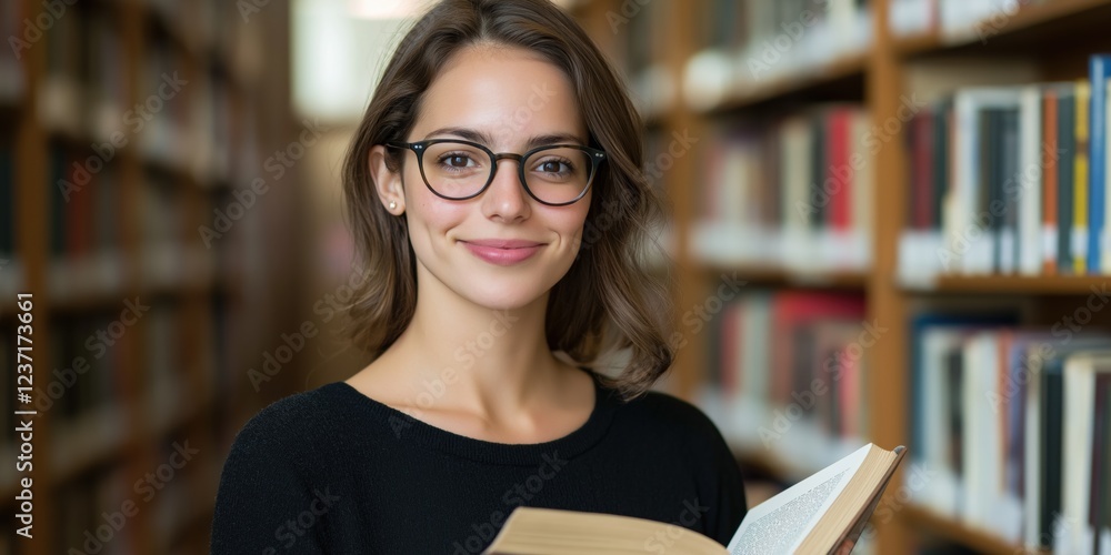 A woman is smiling and holding a book in a library. She is wearing glasses and she is enjoying her time in the library A woman is smiling and holding a book in a library. She is wearing glasses and she is enjoying her time in the library