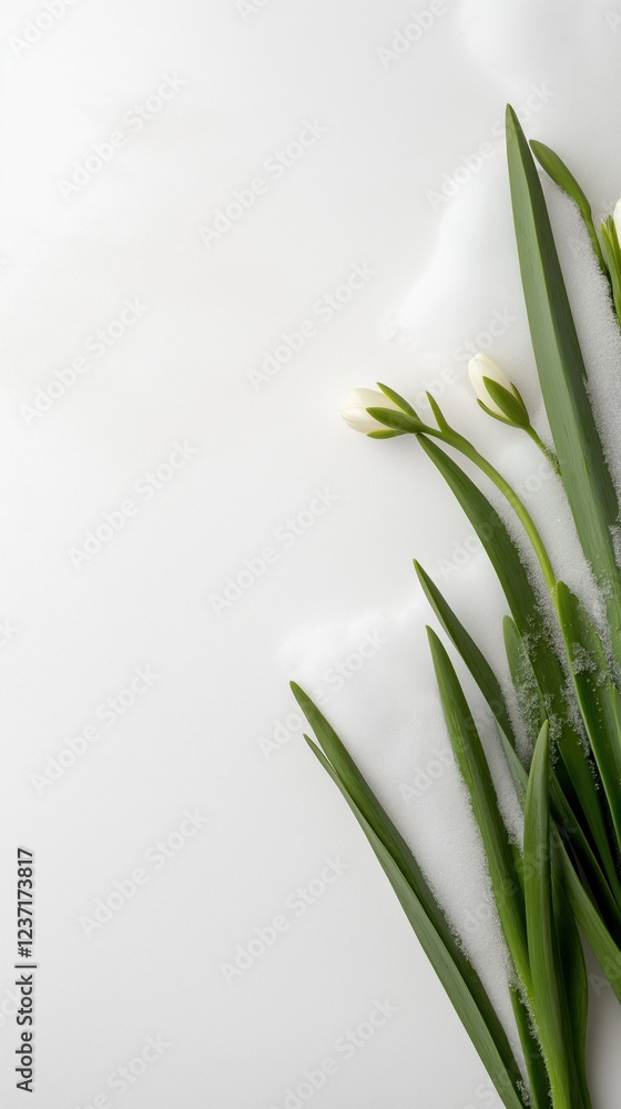 Fototapeta premium A white background with a bunch of green leaves and white flowers. The flowers are small and delicate, with a few petals visible. The leaves are long and thin