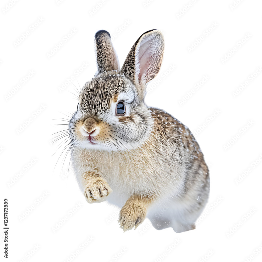 Fototapeta premium Small Rabbit Hopping Through Snowy Meadow Isolated on Transparent Background