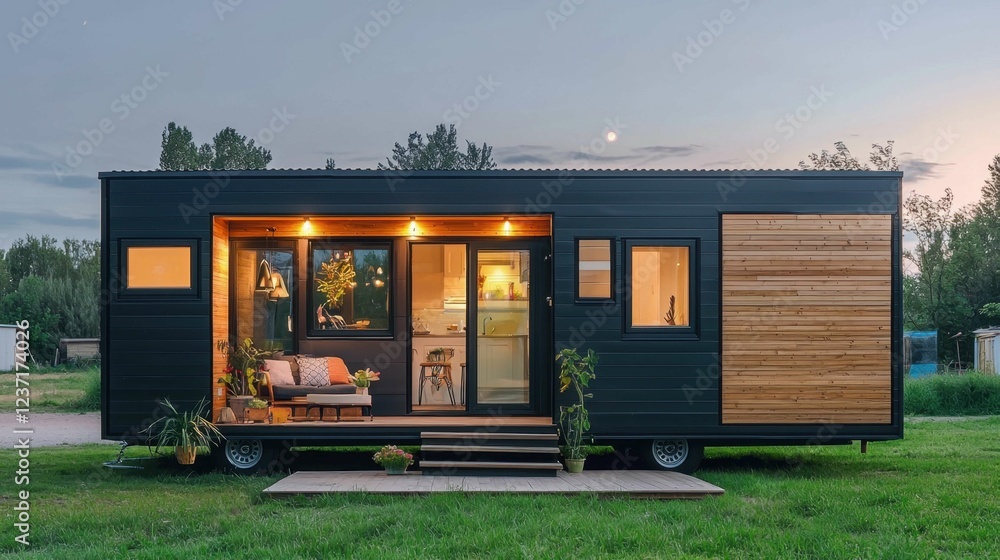 Fototapeta premium Modern Tiny House on Wheels Surrounded by Nature at Dusk
