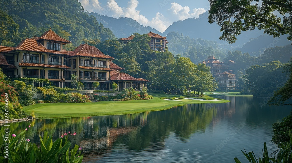 Fototapeta premium Serene Lakeside Resort Nestled in Lush Mountains