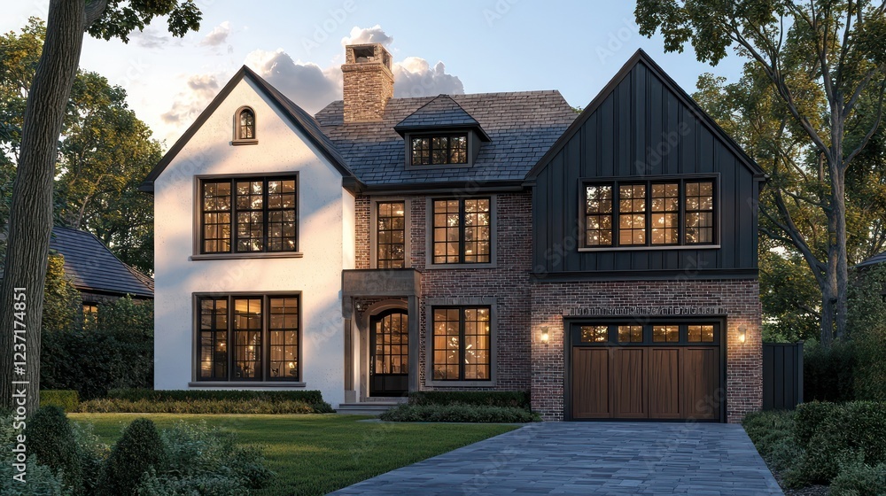 A majestic two-story house with an aged brick exterior A majestic two-story house with an aged brick exterior