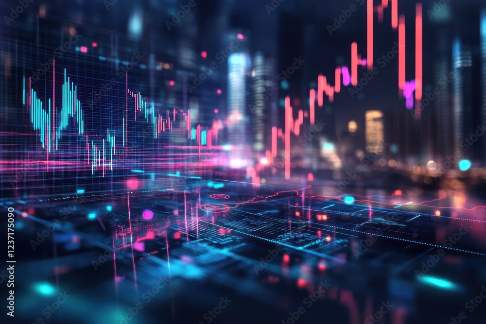 glowing stock market graph overlaying futuristic cityscape with neon lights and digital data elements. financial analysis and technology theme. great for business presentations and fintech designs. glowing stock market graph overlaying futuristic cityscape with neon lights and digital data elements. financial analysis and technology theme. great for business presentations and fintech designs.
