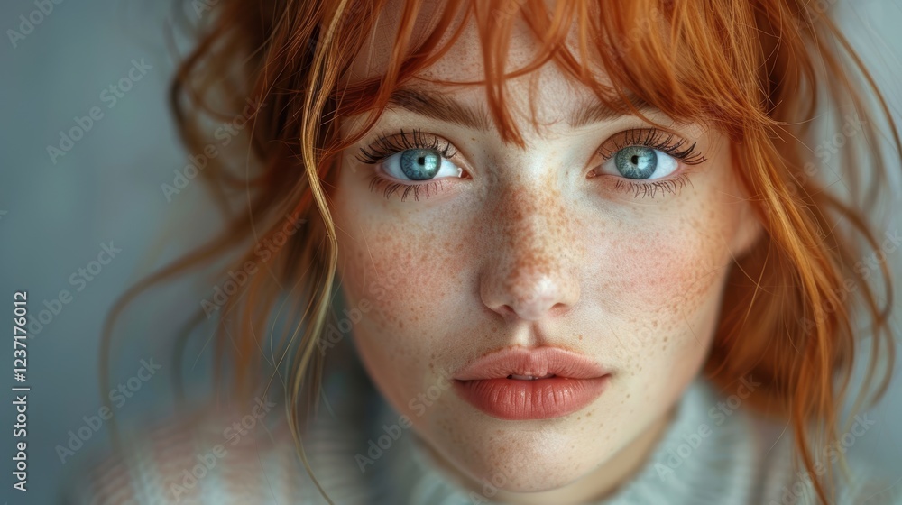 Close-up portrait of a person with vibrant red hair and striking blue eyes, showcasing captivating freckles and delicate facial features in an intimate and expressive setting Close-up portrait of a person with vibrant red hair and striking blue eyes, showcasing captivating freckles and delicate facial features in an intimate and expressive setting