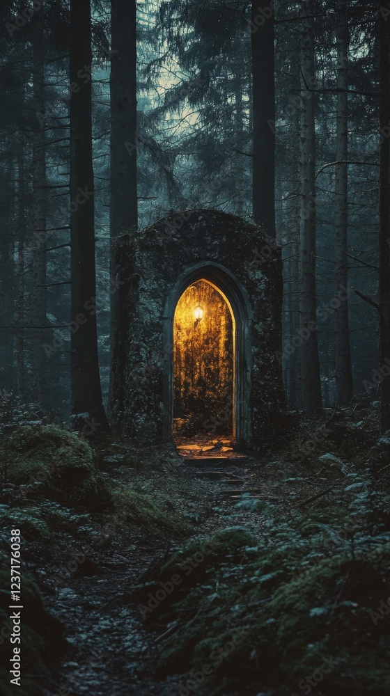 Obraz premium Mysterious stone archway illuminated by soft light in a dense forest setting