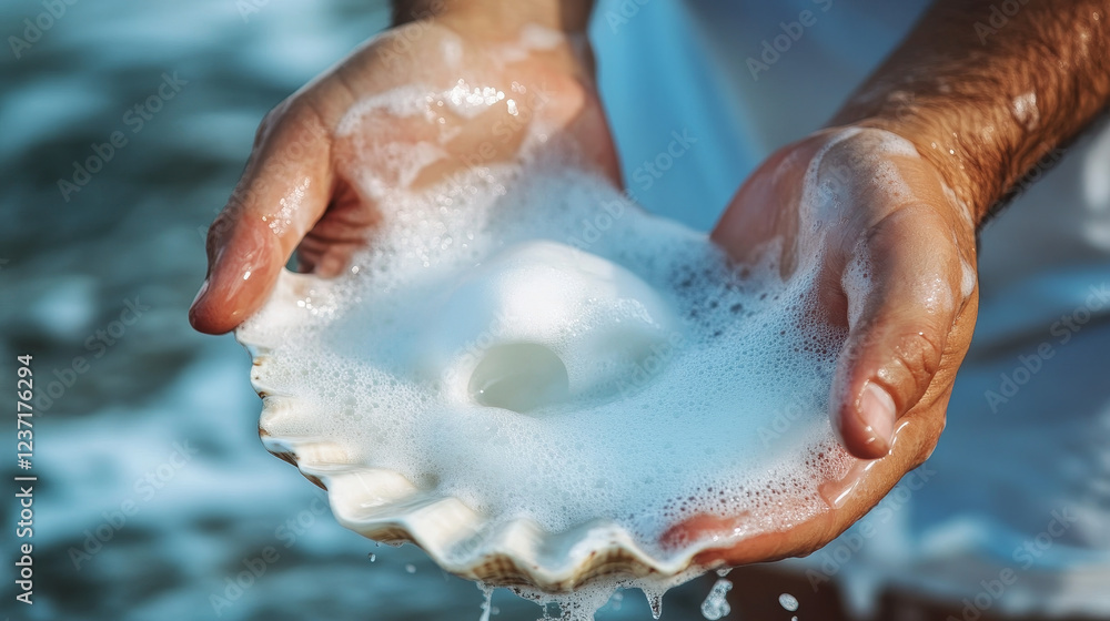 Fototapeta premium Close-up of Hands Pouring Liquid Soap or Foam on a White Shell Background