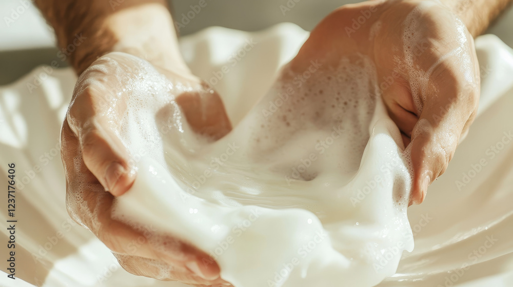 Fototapeta premium Close-up of Hands Pouring Liquid Soap or Foam on a White Shell Background