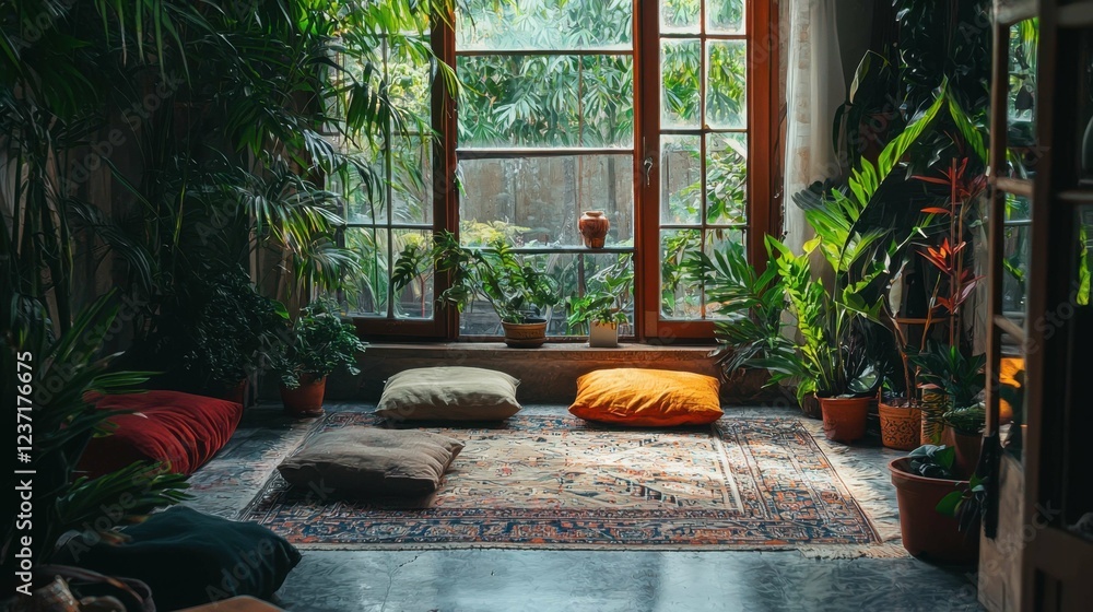Naklejka premium Cozy Indoor Space with Plants and Cushions for Relaxation and Serenity