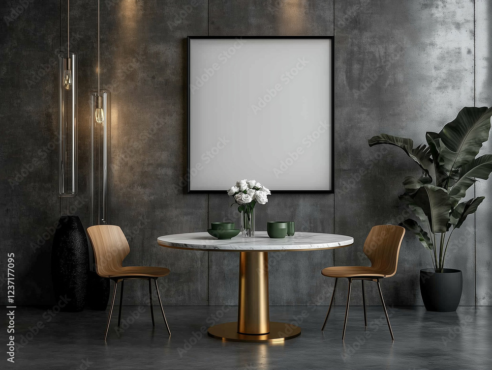Dining table with chairs in modern interior. Modern dining table with white roses and green cups. Interior with modern lamps and plant in pot Dining table with chairs in modern interior. Modern dining table with white roses and green cups. Interior with modern lamps and plant in pot