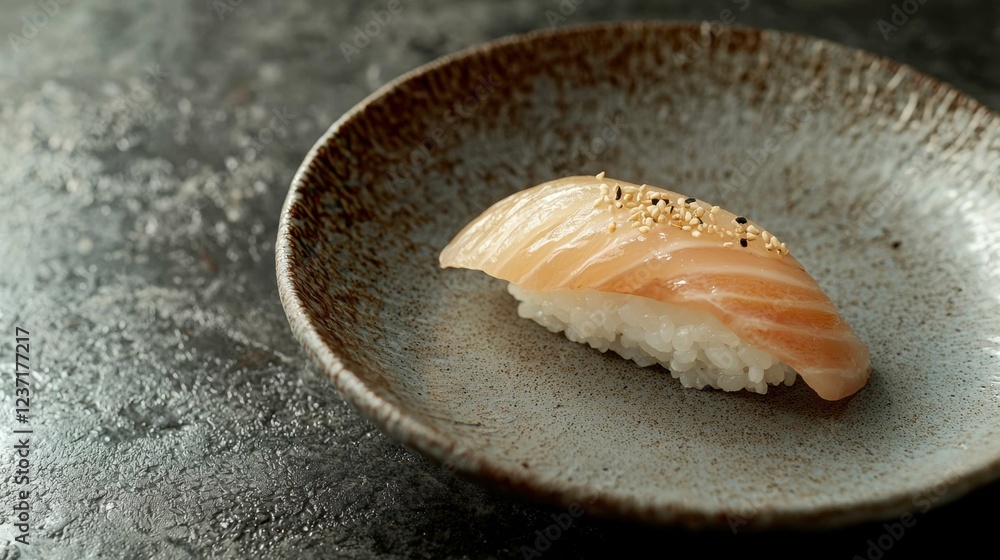 Fresh Salmon Nigiri Sushi on Rustic Plate with Unique Texture Fresh Salmon Nigiri Sushi on Rustic Plate with Unique Texture