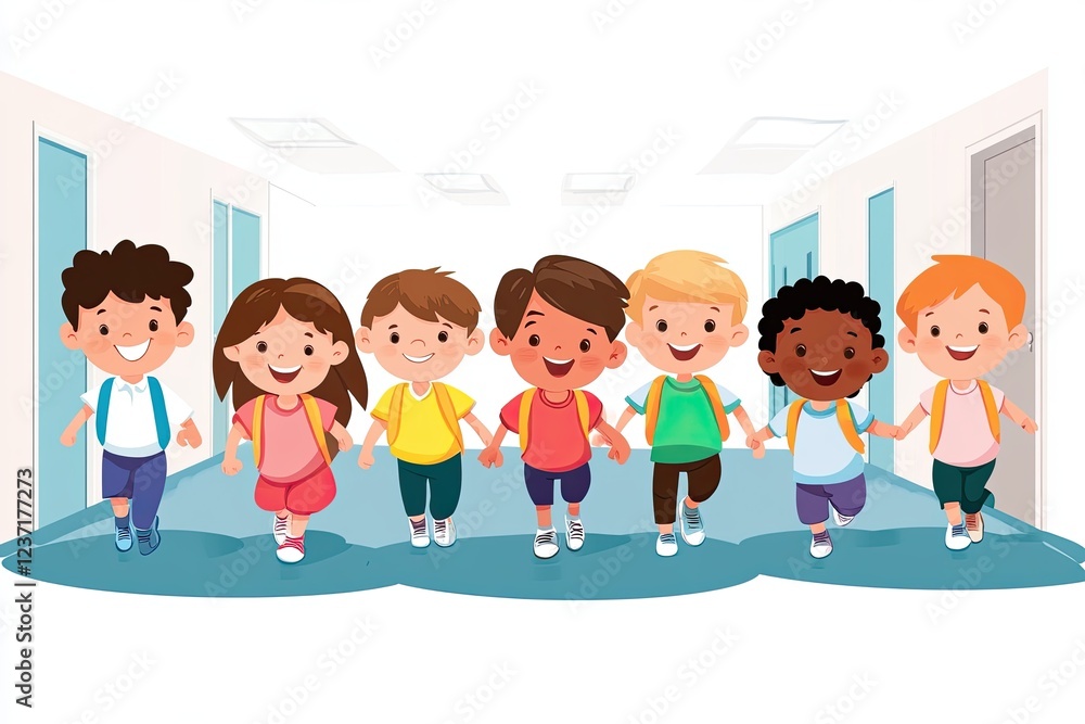 A frontal view of kids dashing through the elementary school corridor A frontal view of kids dashing through the elementary school corridor