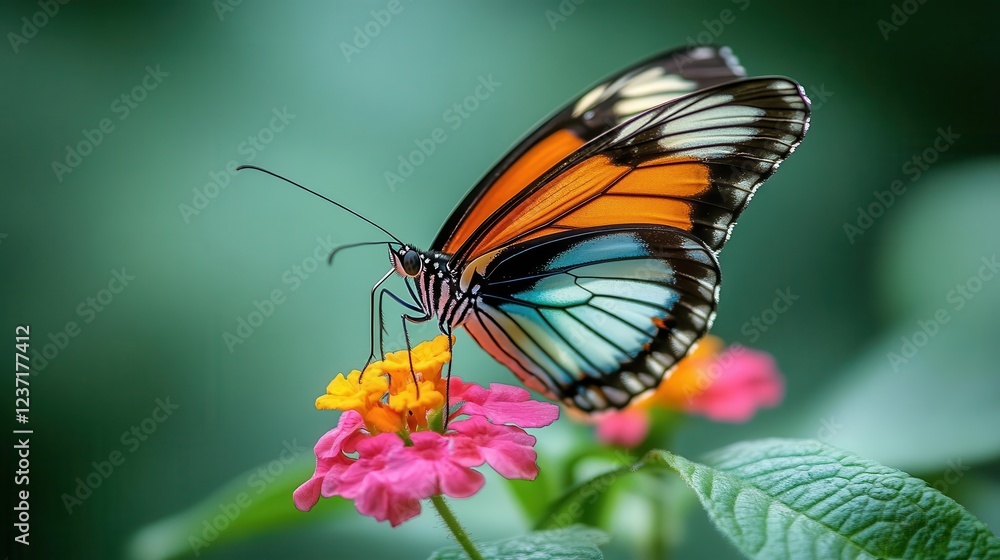 Butterfly on flower, close-up of delicate wings and vibrant flower petals Butterfly on flower, close-up of delicate wings and vibrant flower petals