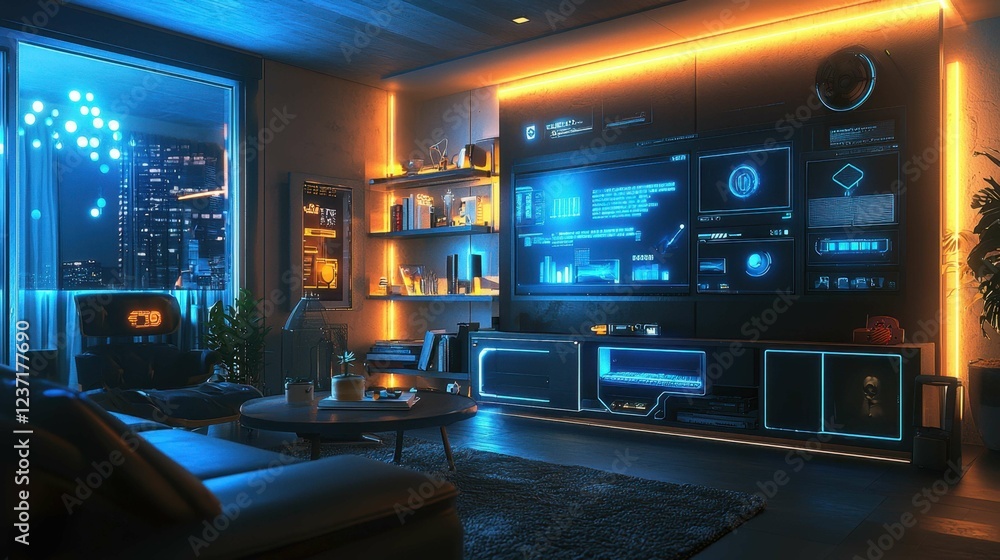 Fototapeta premium Modern futuristic living room with ambient lighting and technology
