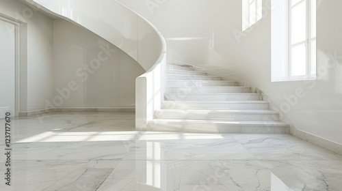 Curved Marble Staircase in a Minimalist Modern Interior Design with Natural Light Streaming through Windows Casting Soft Shadows on the Floor