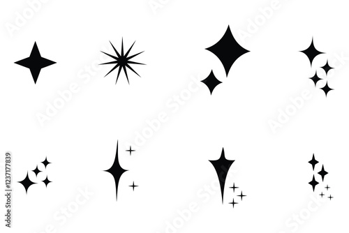 Set of hand drawn star sparkle shapes. Abstract shine effect vector sign. Glowing light effect.