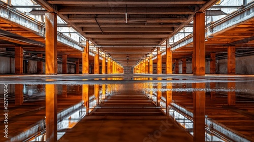Wallpaper Mural Expansive Industrial Space with Reflections on Wet Floor Torontodigital.ca