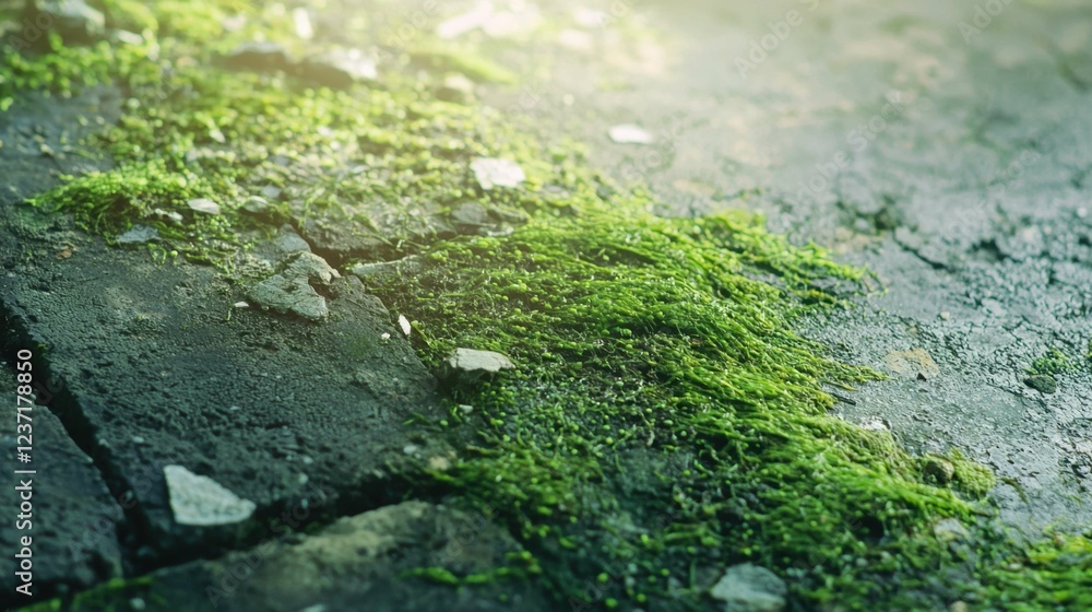 Lush Green Moss Growing on Weathered Stone Pathway in Nature Scene Lush Green Moss Growing on Weathered Stone Pathway in Nature Scene