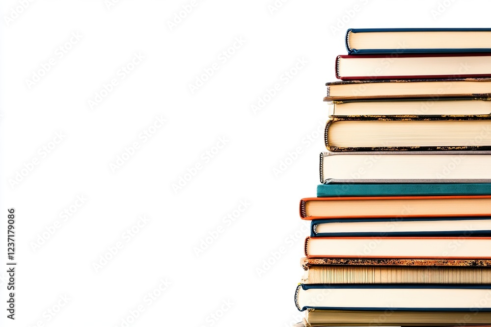A stack of books with vibrant covers, isolated on a white background, with space for text. Design element featuring paper and leather textures. Close-up of colorful books on a shelf A stack of books with vibrant covers, isolated on a white background, with space for text. Design element featuring paper and leather textures. Close-up of colorful books on a shelf