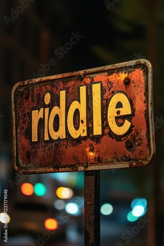 Aged metal urban street sign with mysterious riddle label under night city lights, encapsulating mystery and nostalgia in a modern setting photo