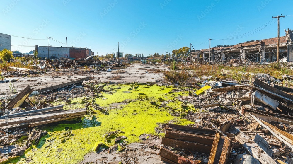 Fototapeta premium Derelict Urban Landscape with Overgrown Debris and Green Pond