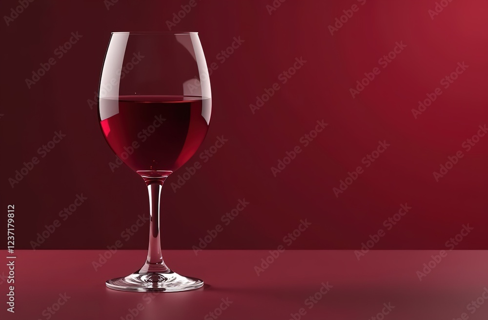 Red wine in an elegant glass on a red background. There is space for text on the right Red wine in an elegant glass on a red background. There is space for text on the right