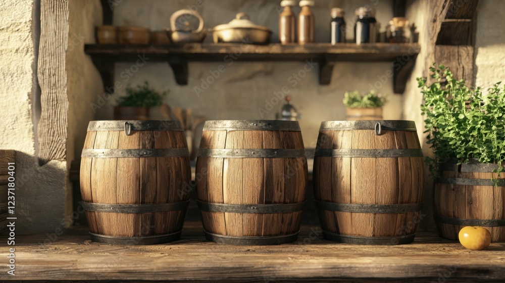 Rustic wooden barrels on a wooden shelf with kitchen decor Rustic wooden barrels on a wooden shelf with kitchen decor