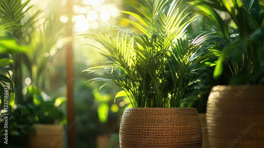 Obraz premium Indoor garden setup, close-up of lush plants in bright sunlight, modern home