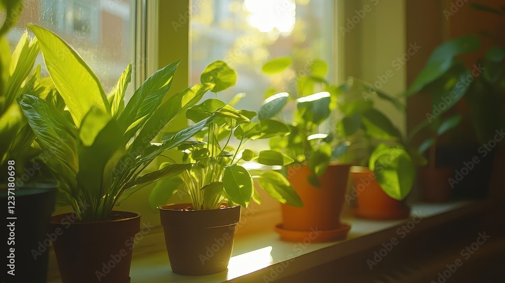 Indoor plants on windowsill, close-up of vibrant green plants in sunlight Indoor plants on windowsill, close-up of vibrant green plants in sunlight