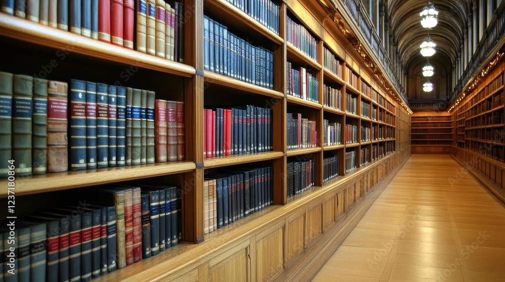 Library with books, close-up of rows of bookshelves, soft and warm lighting Library with books, close-up of rows of bookshelves, soft and warm lighting
