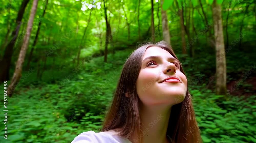 Young Woman Breathing Deeply in a Lush Green Forest - Cinematic 8K Close-Up Capturing Serenity and Nature's Beauty Young Woman Breathing Deeply in a Lush Green Forest - Cinematic 8K Close-Up Capturing Serenity and Nature's Beauty