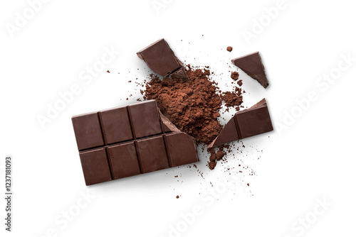 Wallpaper Mural Broken organic dark chocolate bar and chocolate powder isolated on a transparent background with shadow from above, top view, png Torontodigital.ca