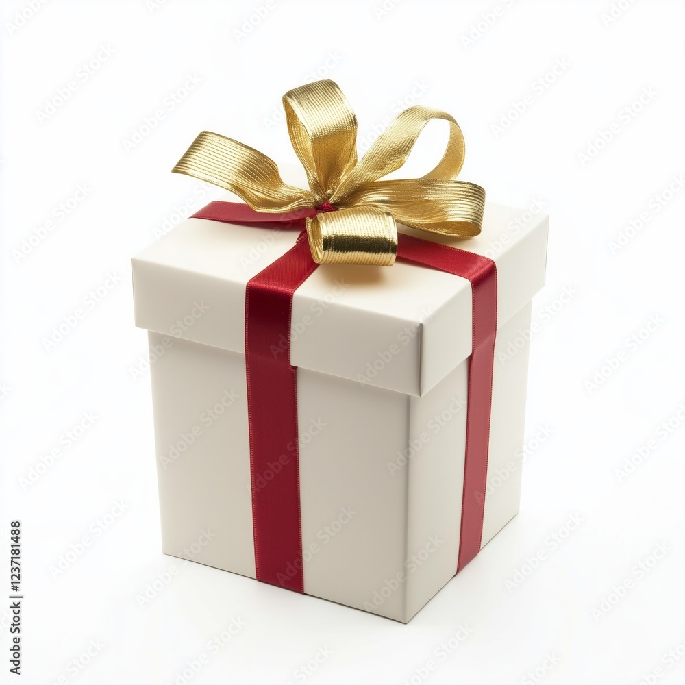 Elegant white gift box with red ribbon and gold bow - perfect for celebrations and special occasions Elegant white gift box with red ribbon and gold bow - perfect for celebrations and special occasions