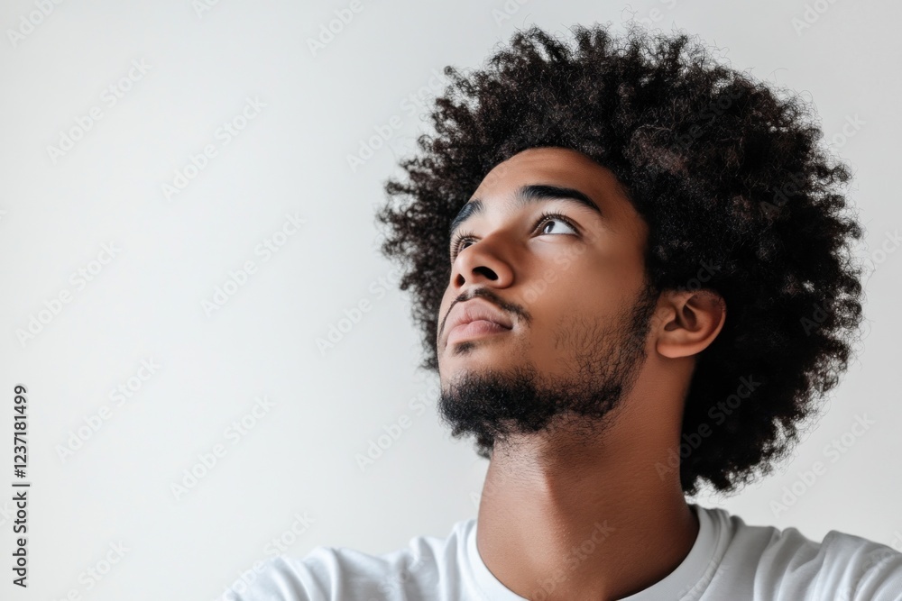 Obraz premium An afroamerican man gazes thoughtfully to the left while pondering ideas in a bright, minimalistic indoor space