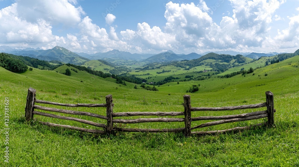 Rolling green hills, wooden fence, summer day. Background mountain range, pastoral scene. Use travel brochure Rolling green hills, wooden fence, summer day. Background mountain range, pastoral scene. Use travel brochure