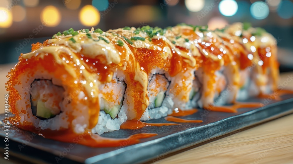 Sushi rolls topped with sauce on black plate in restaurant ambiance Sushi rolls topped with sauce on black plate in restaurant ambiance