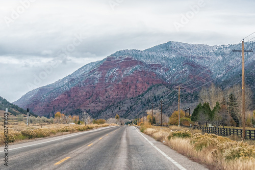 Canvas-taulu Eagle, Colorado in Eagle county with red canyon cliff mountains on cloudy snowy