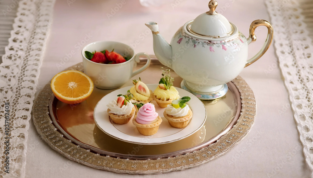 custom made wallpaper toronto digitalA charming tea party featuring a delicate teapot, tiny sandwiches, fruit skewers, and mini cupcakes, beautifully arranged on a vintage tray with a lace tablecloth and soft pastel tones