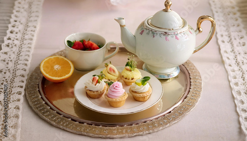 Wallpaper Mural A charming tea party featuring a delicate teapot, tiny sandwiches, fruit skewers, and mini cupcakes, beautifully arranged on a vintage tray with a lace tablecloth and soft pastel tones Torontodigital.ca