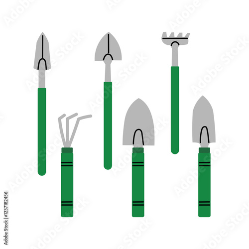 Garden tools set in cartoon style – shovels, rake, trowels, and hand cultivator.