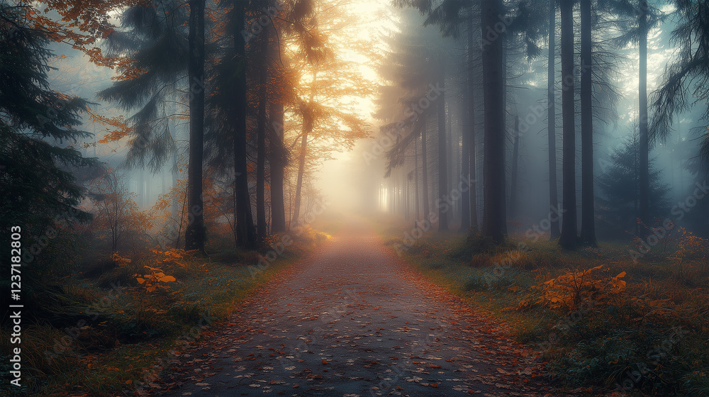 Fototapeta premium Golden Sunlight Illuminates Forest Path With Autumn Foliage Reflections. Foggy Morning Path Through Forest With Vibrant Autumn Leaves