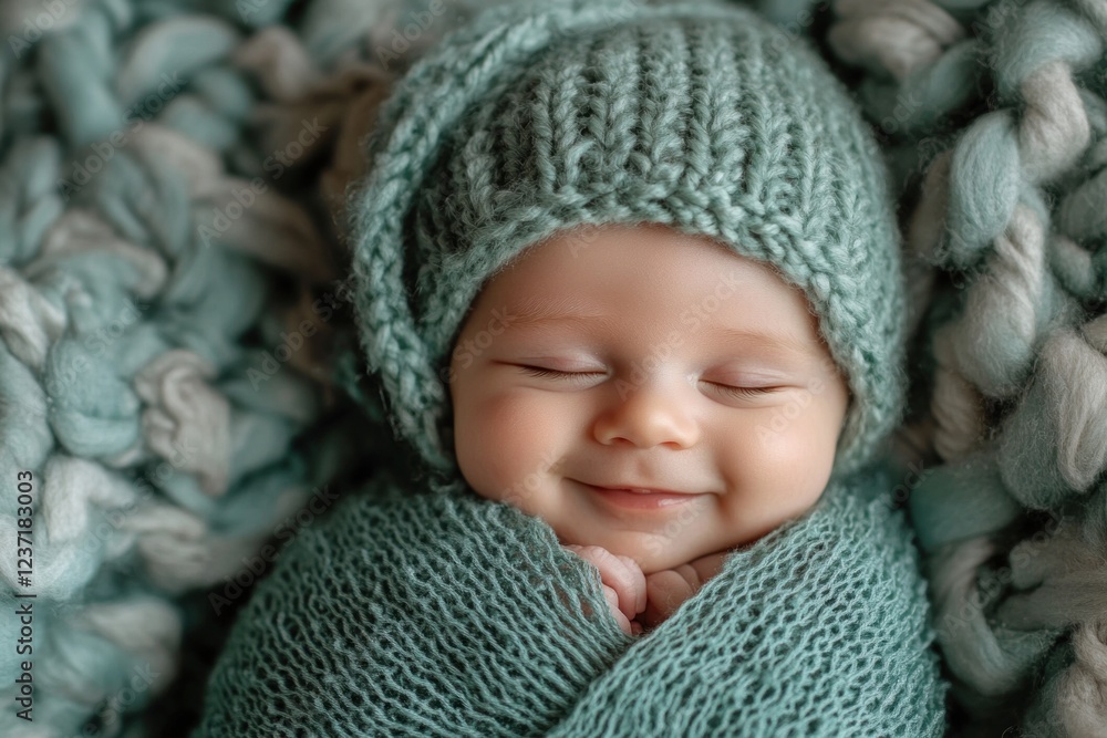 A newborn peacefully smiles while wrapped in a soft green blanket and wearing a matching knitted hat, evoking warmth and tranquility A newborn peacefully smiles while wrapped in a soft green blanket and wearing a matching knitted hat, evoking warmth and tranquility