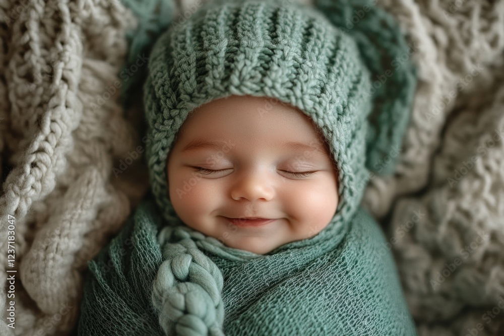 A newborn smiles happily while snugly wrapped in a soft green blanket and equipped with a matching hat, radiating warmth A newborn smiles happily while snugly wrapped in a soft green blanket and equipped with a matching hat, radiating warmth