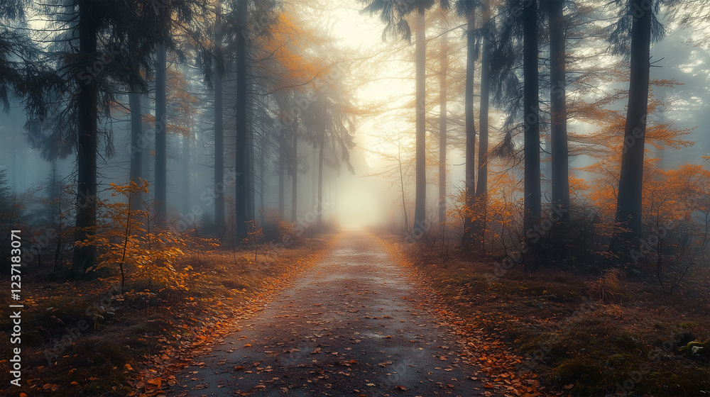 Fototapeta premium Golden Sunlight Illuminates Forest Path With Autumn Foliage Reflections. Foggy Morning Path Through Forest With Vibrant Autumn Leaves
