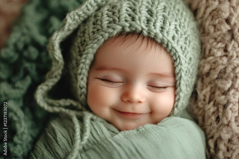 A newborn smiles contently while wrapped in a soft green blanket, creating a serene and warm atmosphere perfect for relaxation A newborn smiles contently while wrapped in a soft green blanket, creating a serene and warm atmosphere perfect for relaxation