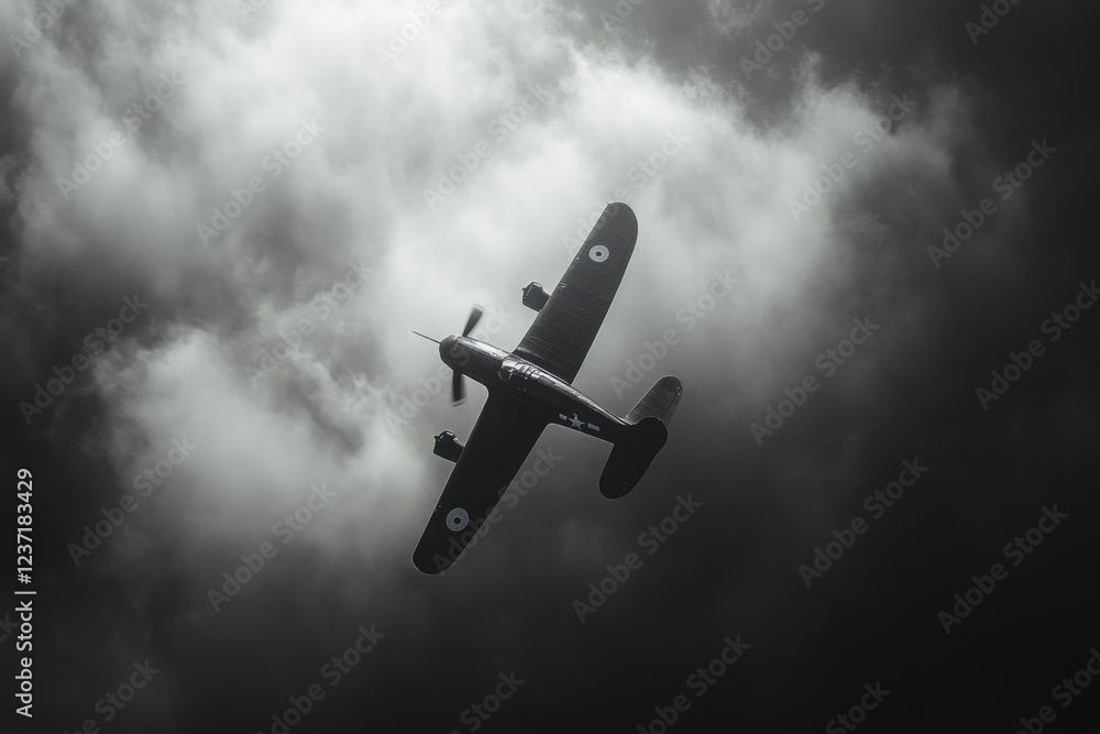 An aircraft approaches through overcast skies, contrasting against the dark clouds, highlighting the power of flight in challenging conditions